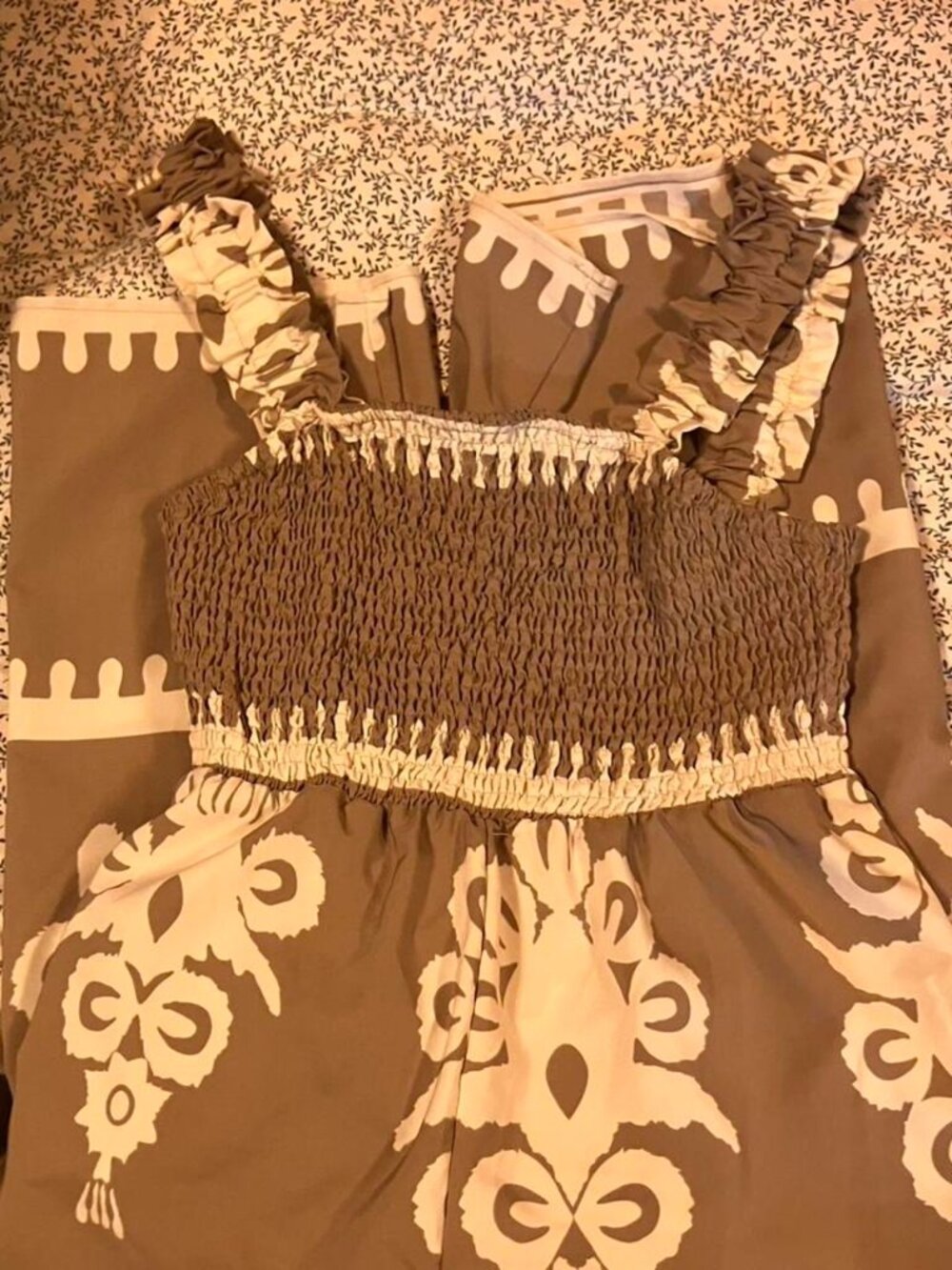 Tan and Cream Smocked Jumpsuit